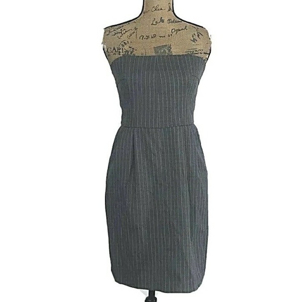 Express Strapless Dress 6 Sheath Gray Pin Stripe Wool Bl Pockets Sexy Work Party